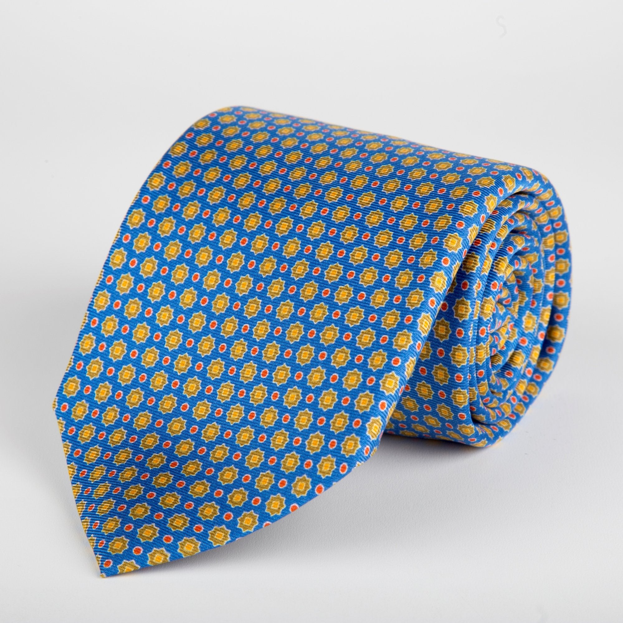 Blue Geometric Starflower Printed Silk Tie - British Made