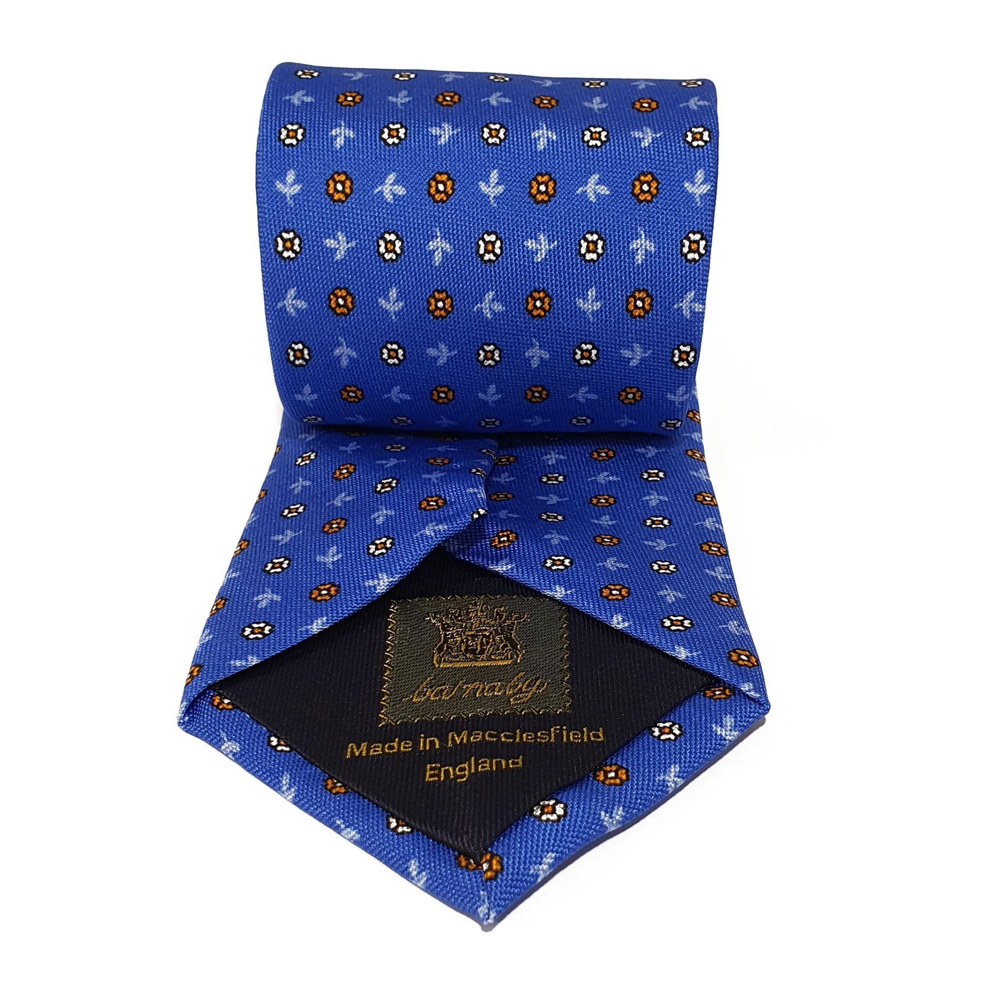 Blue Leaves & Flower Woven Silk Tie Hand Finished - British Made
