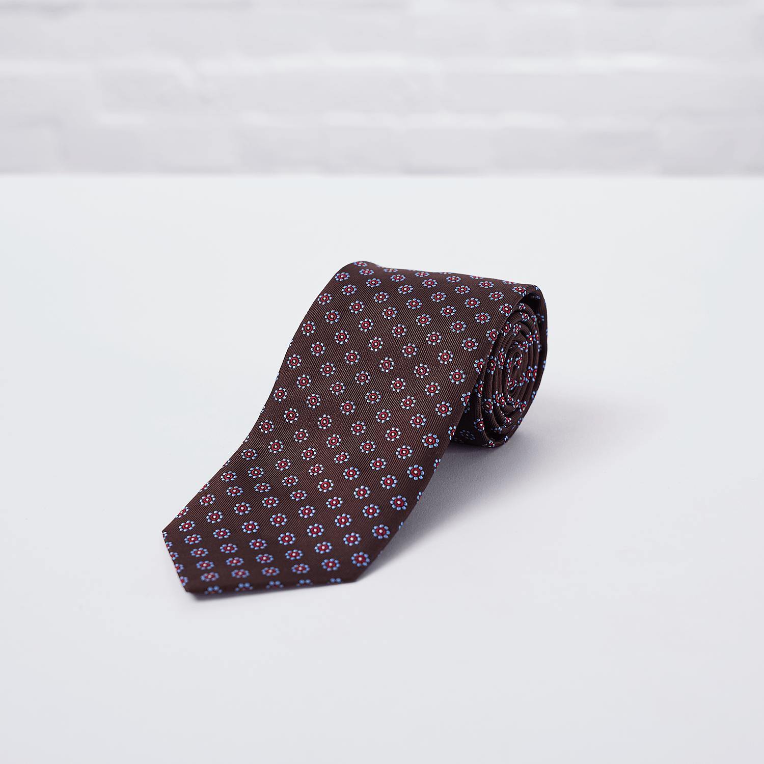 Brown Daisy Woven Silk Tie Hand Finished - British Made