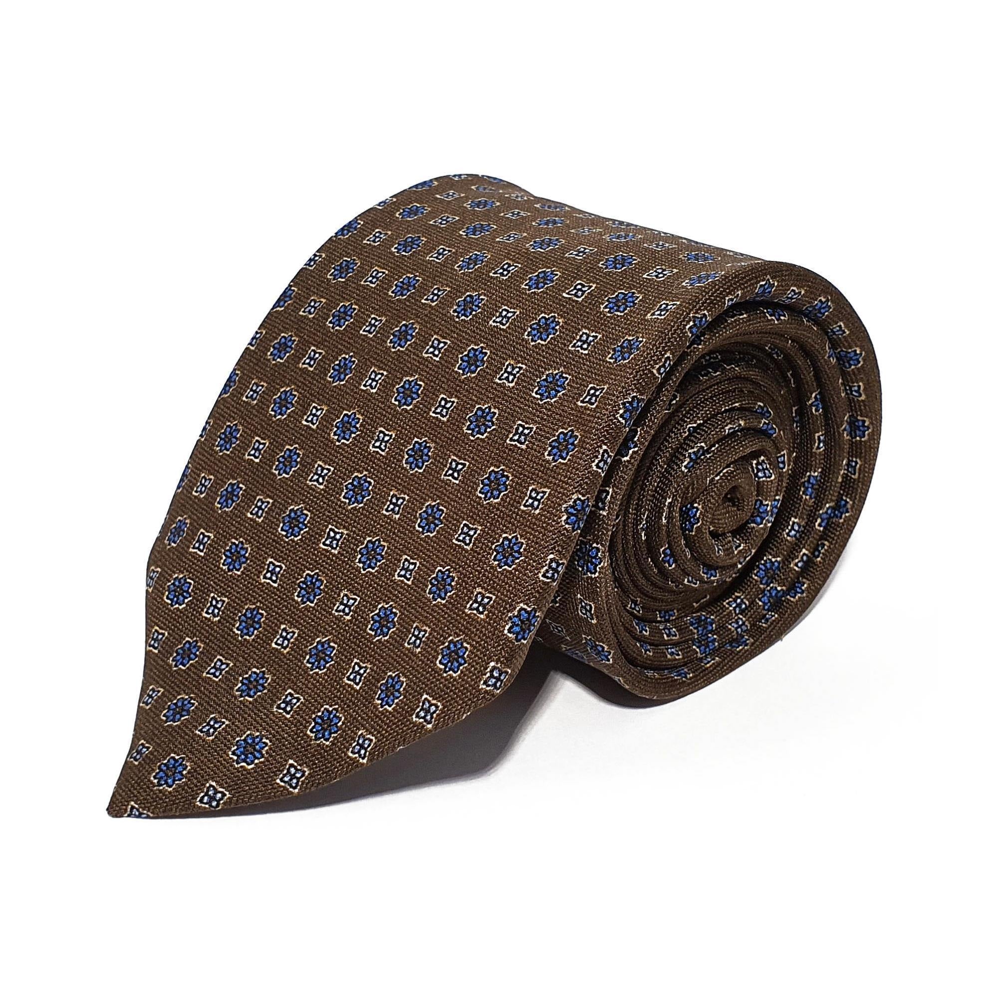 Brown Neats Printed Silk Tie Hand Finished - British Made