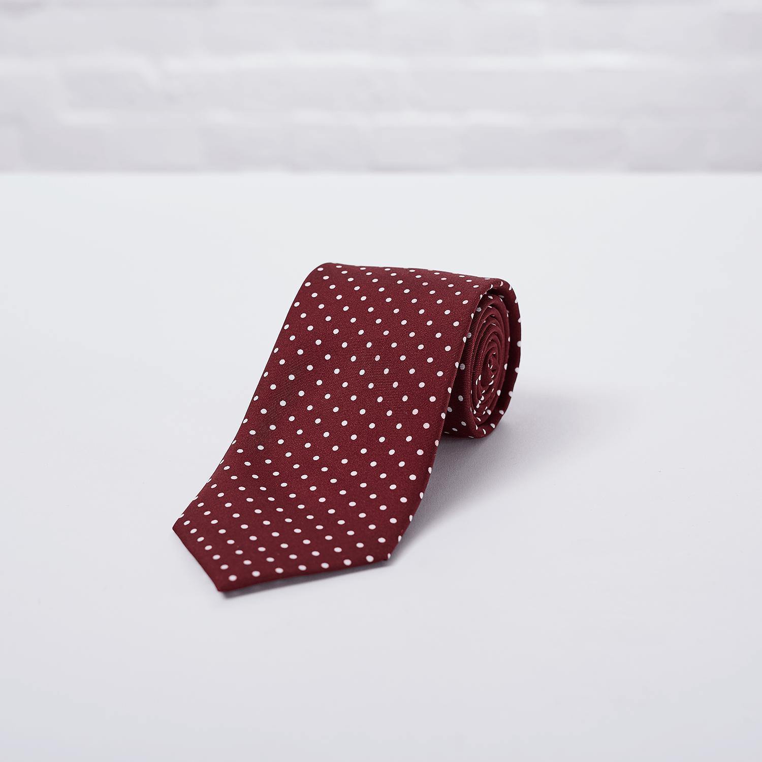 Burgundy Small Spot Printed Silk Tie Hand Finished - British Made