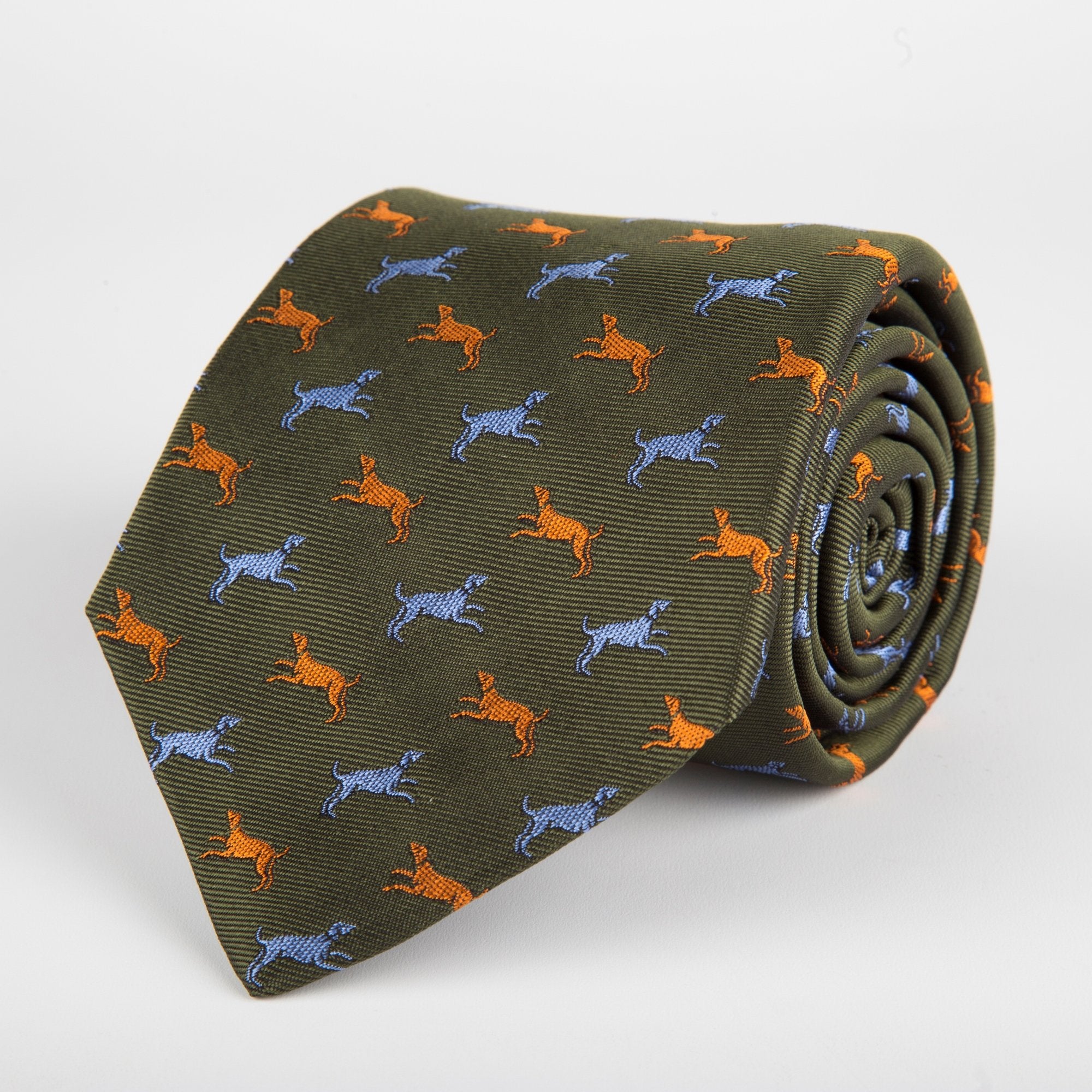 Green Dog Motif Woven Silk Tie - British Made