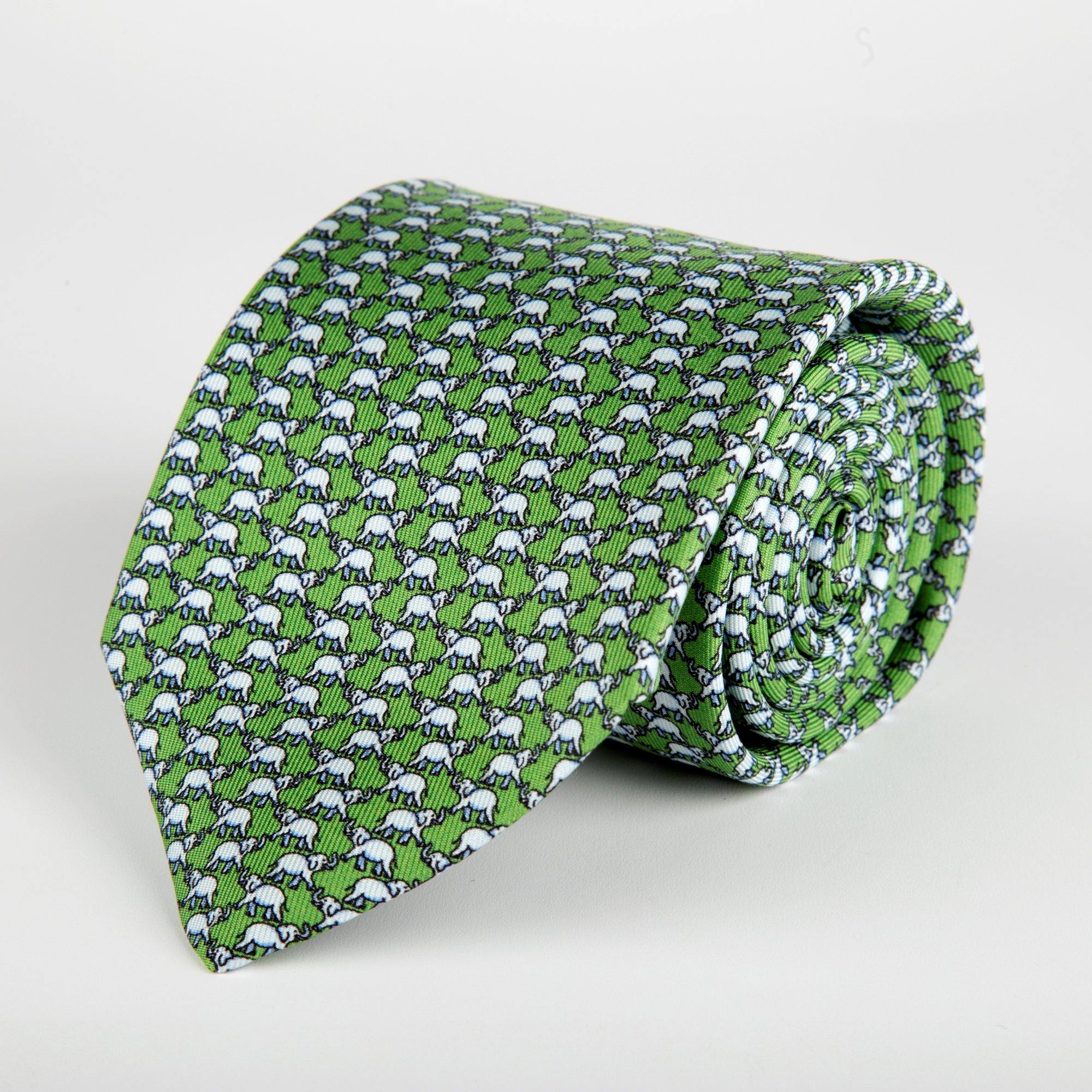 Green Elephant Printed Silk Tie Hand Finished - British Made