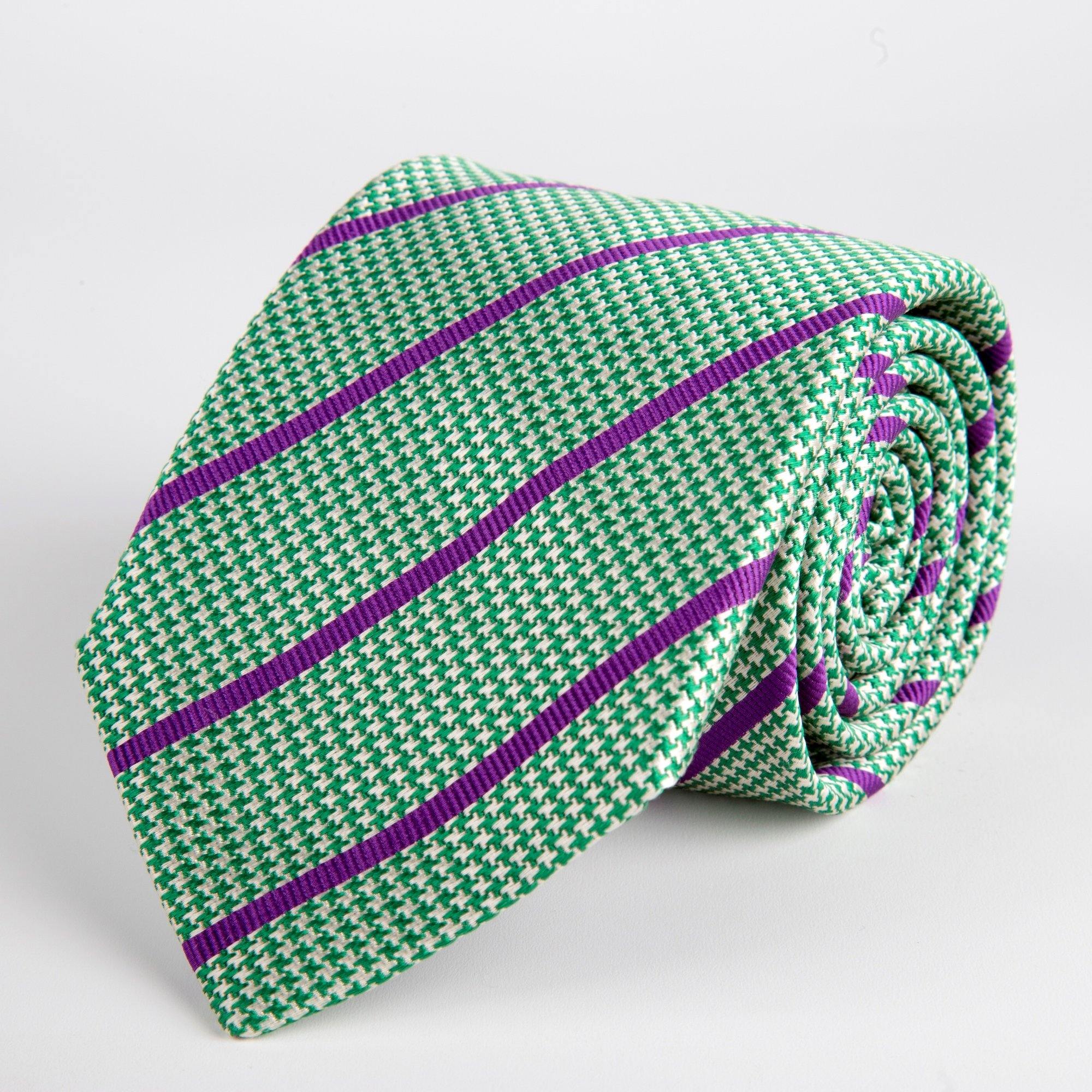 Green Houndstooth With Stripe Woven Silk Tie Hand Finished - British Made