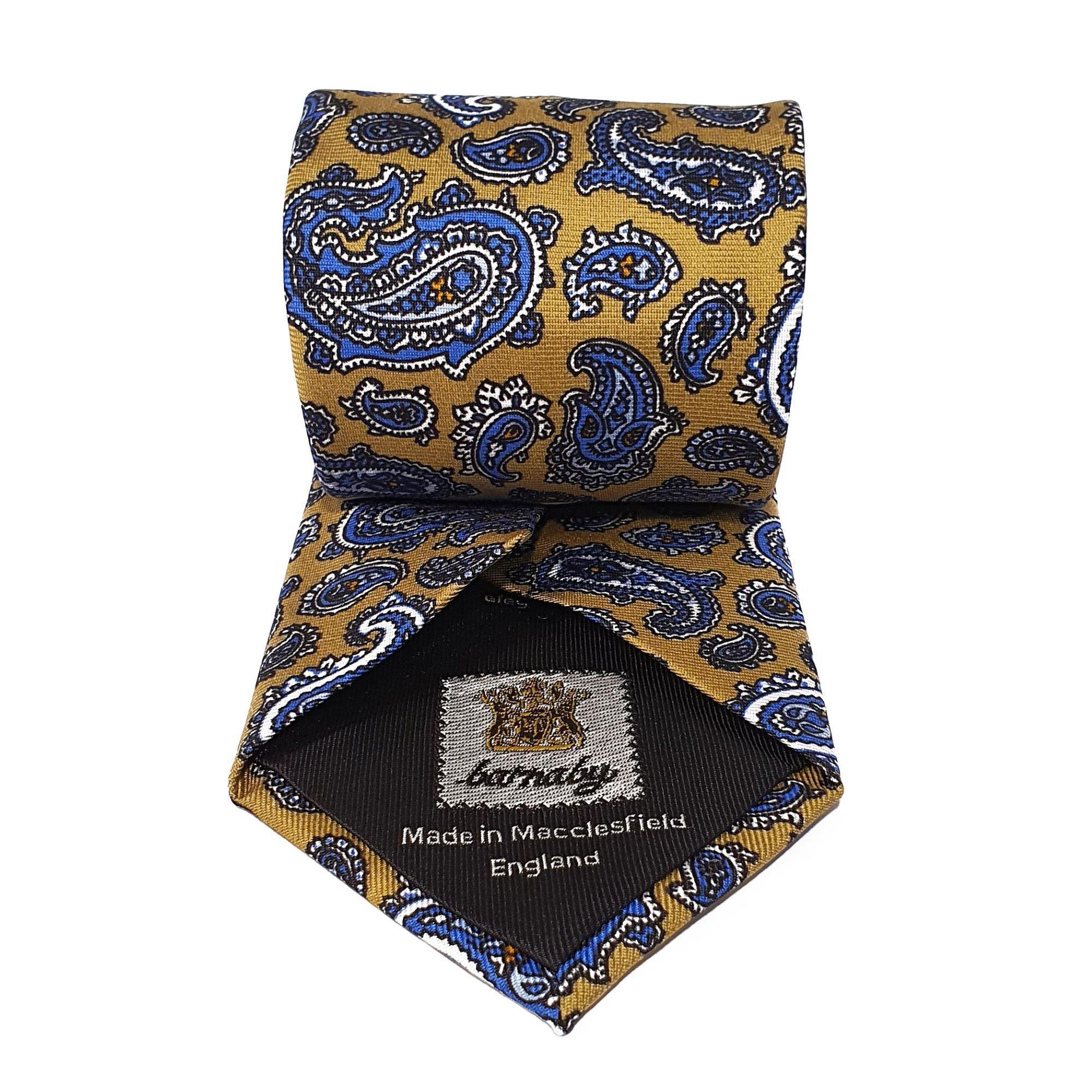 Khaki Paisley Printed Silk Tie Hand Finished - British Made