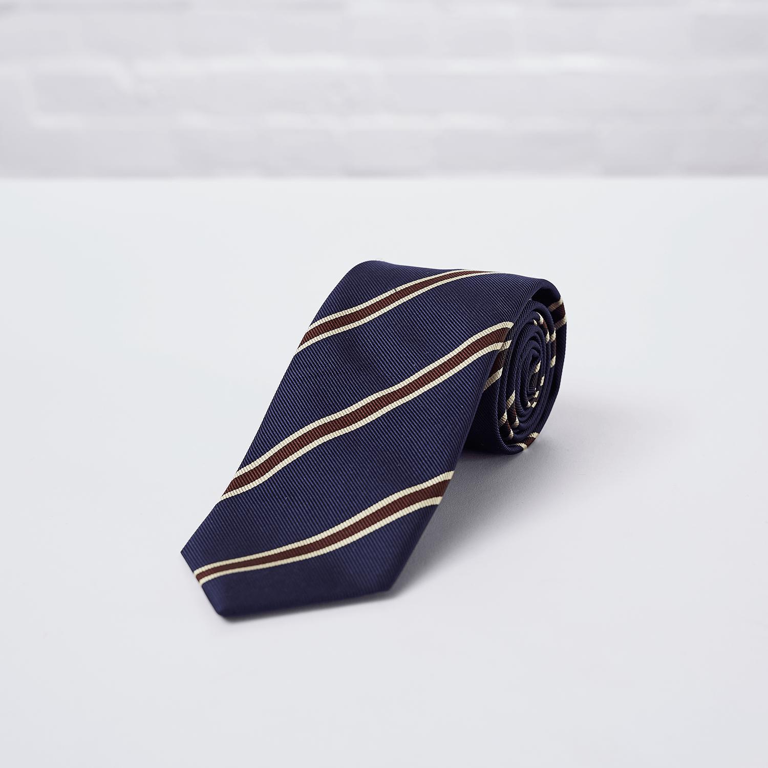 Navy Brown Striped Woven Silk Tie - British Made