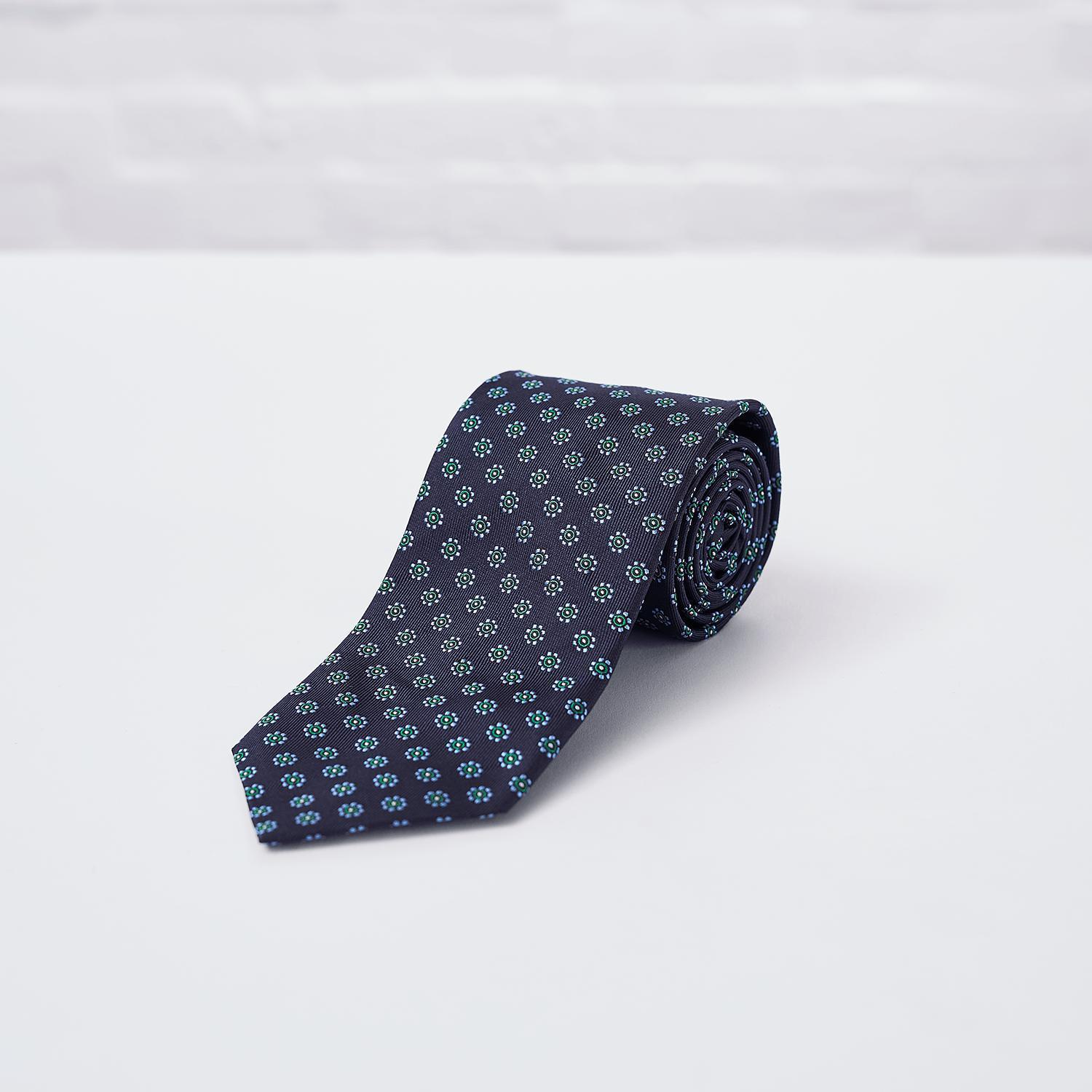 Navy Daisy Woven Silk Tie - British Made