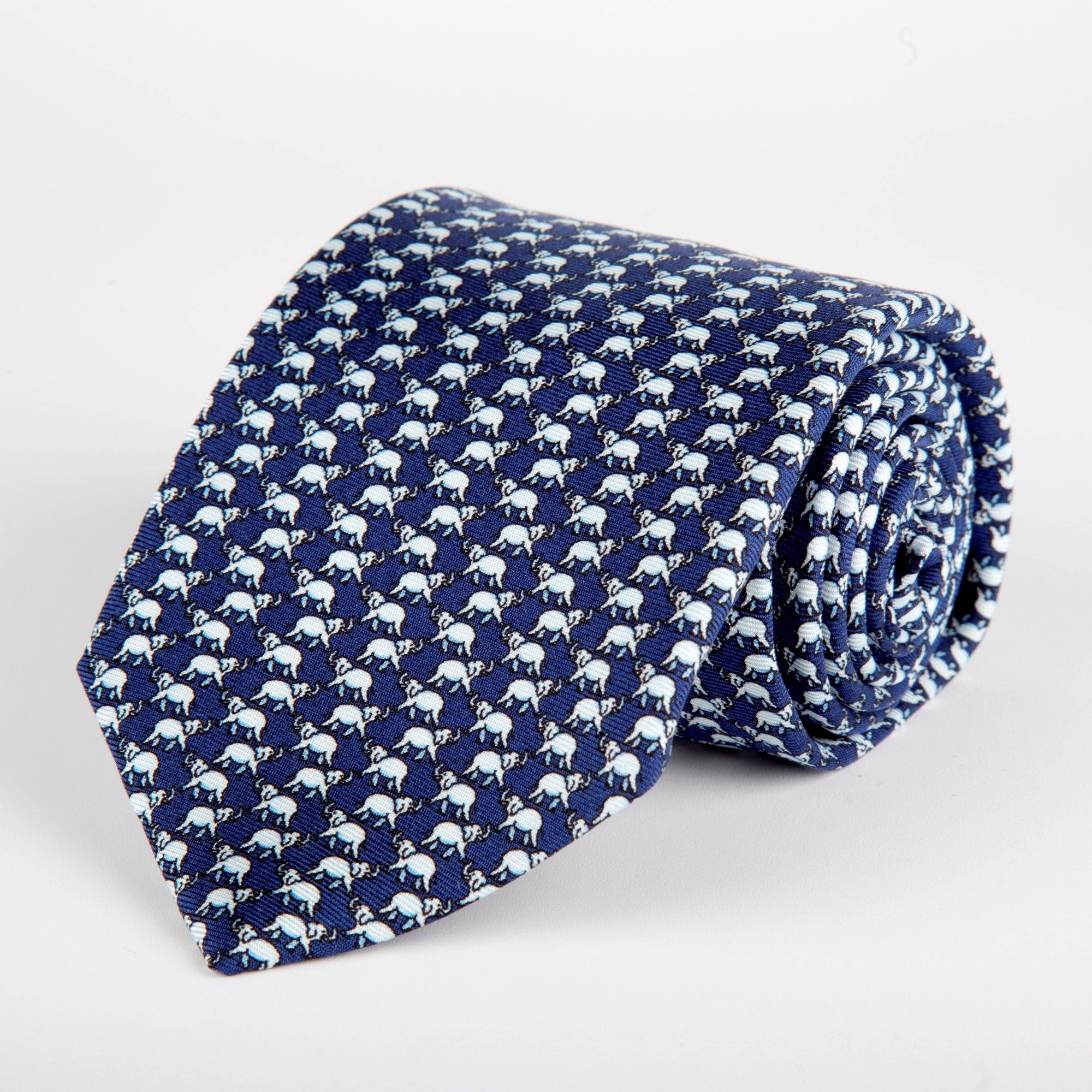 Navy Elephant Printed Silk Tie Hand Finished - British Made