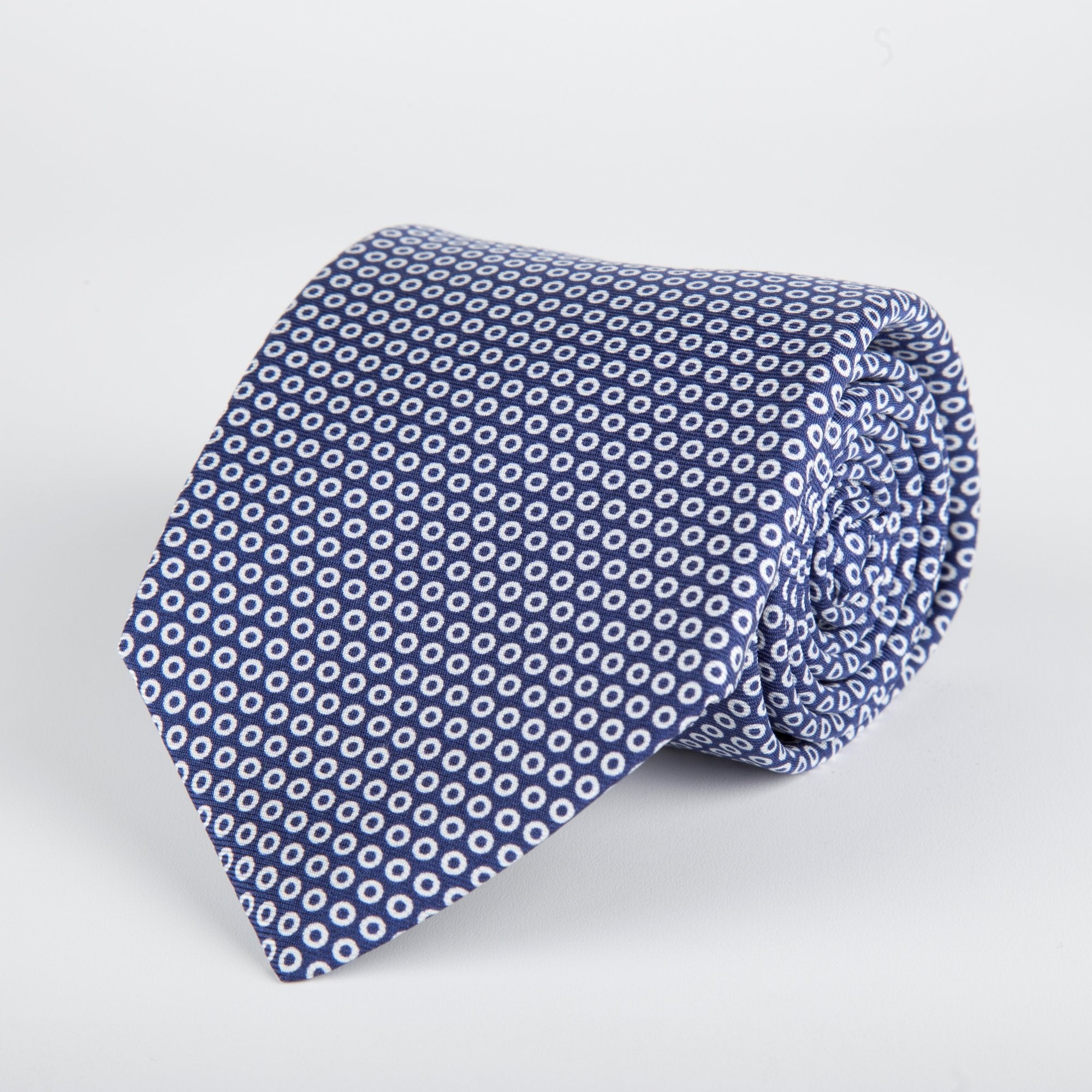 Navy Geometric Small Circles Printed Silk Tie - British Made