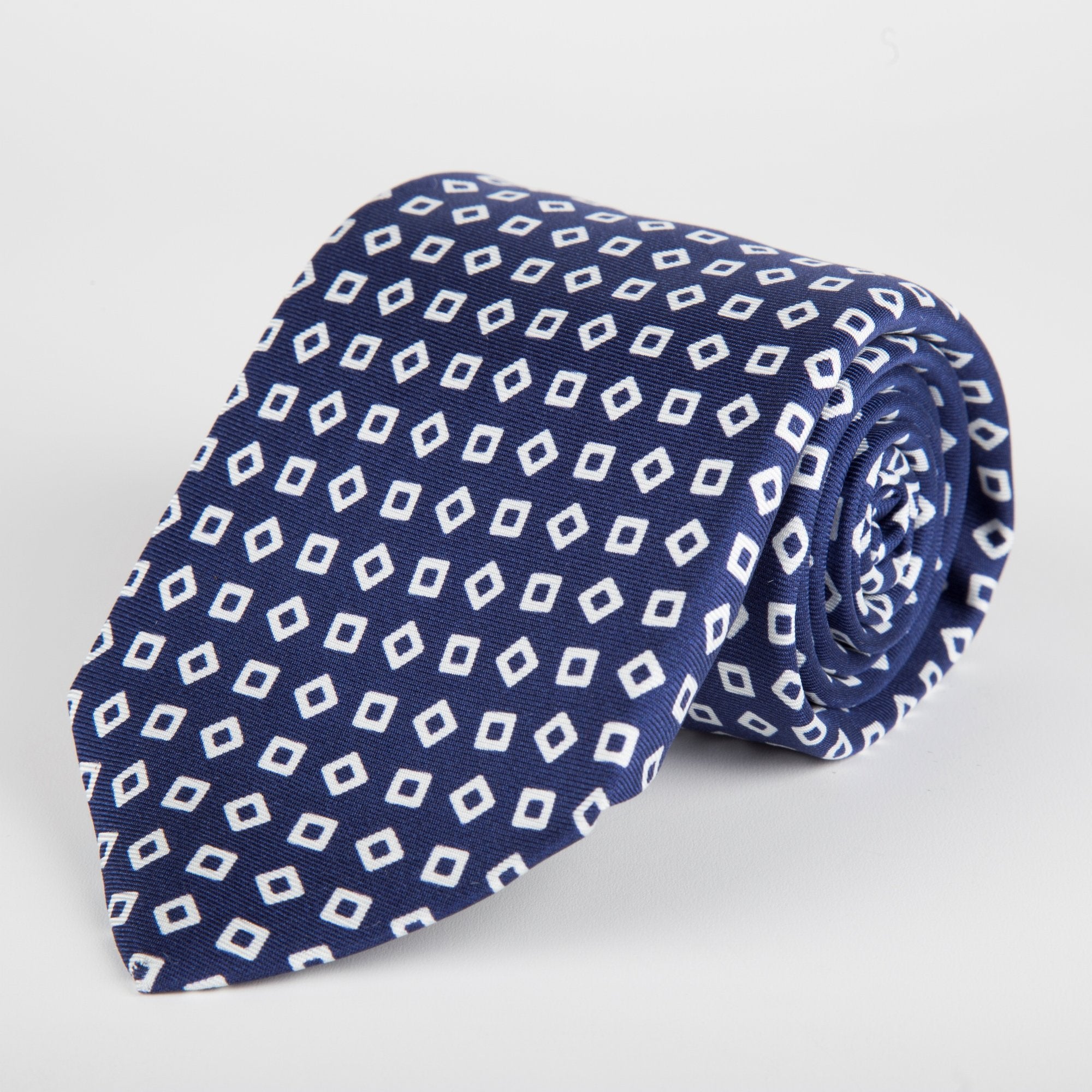 Navy Geometric Tumbling Blocks Printed Silk Tie - British Made