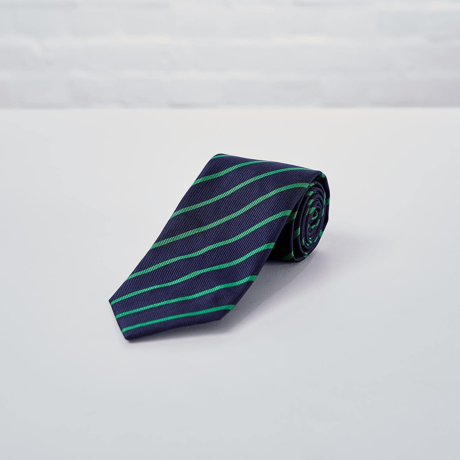 Navy Green Striped Woven Silk Tie Hand Finished - British Made
