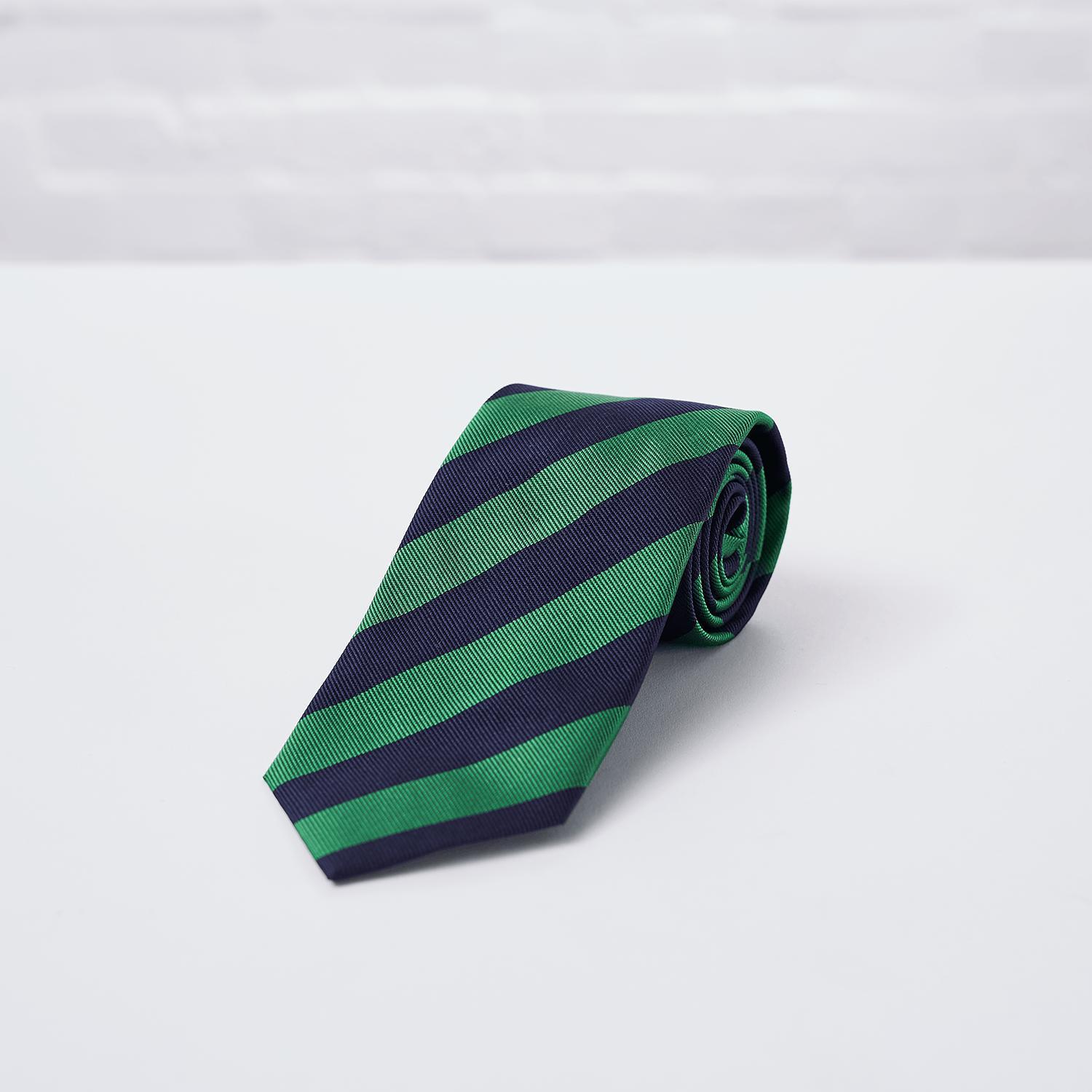 Navy Green Striped Woven Silk Tie - British Made