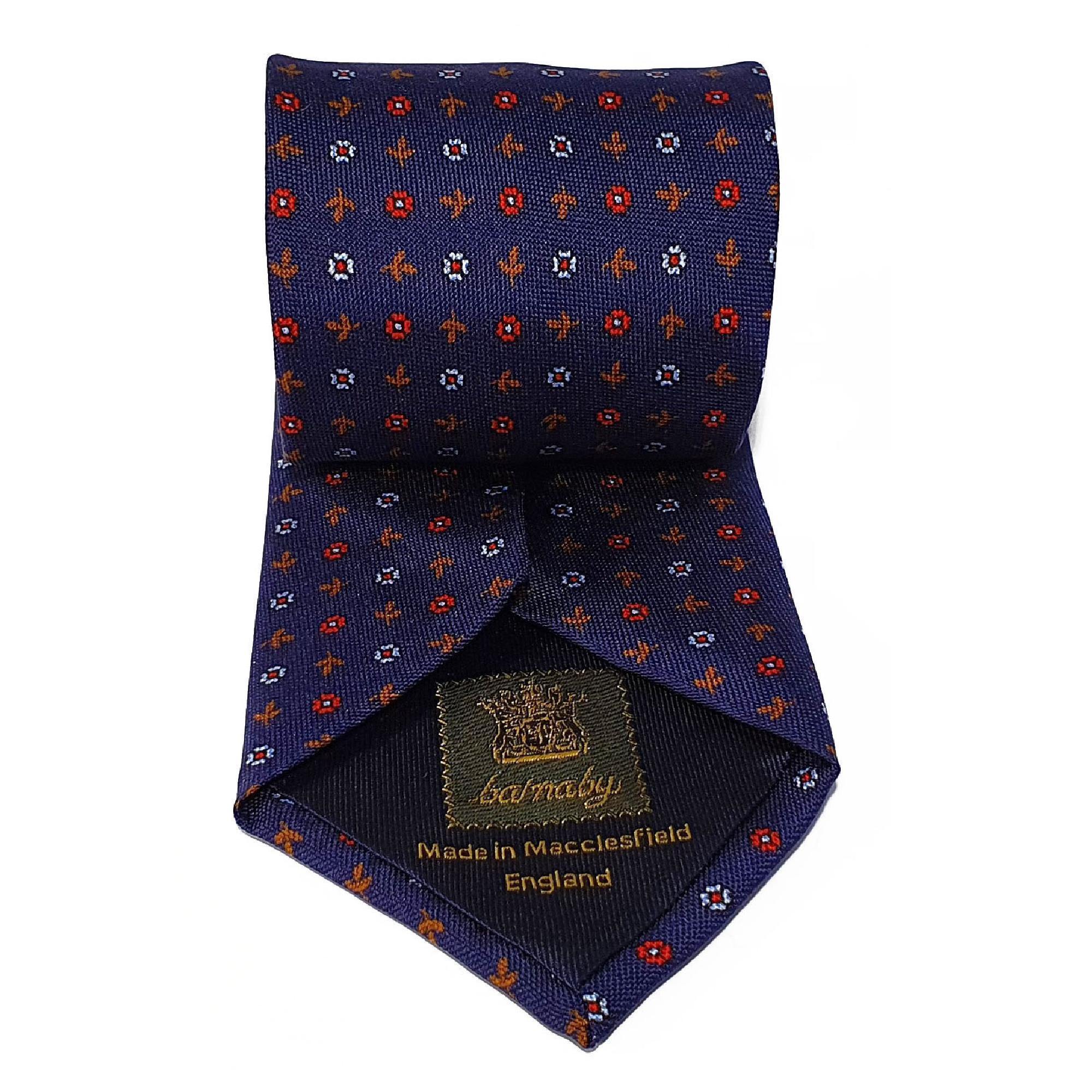 Navy Leaves & Flower Woven Silk Tie Hand Finished - British Made