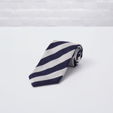 Navy Lt Grey Striped Woven Silk Tie - British Made