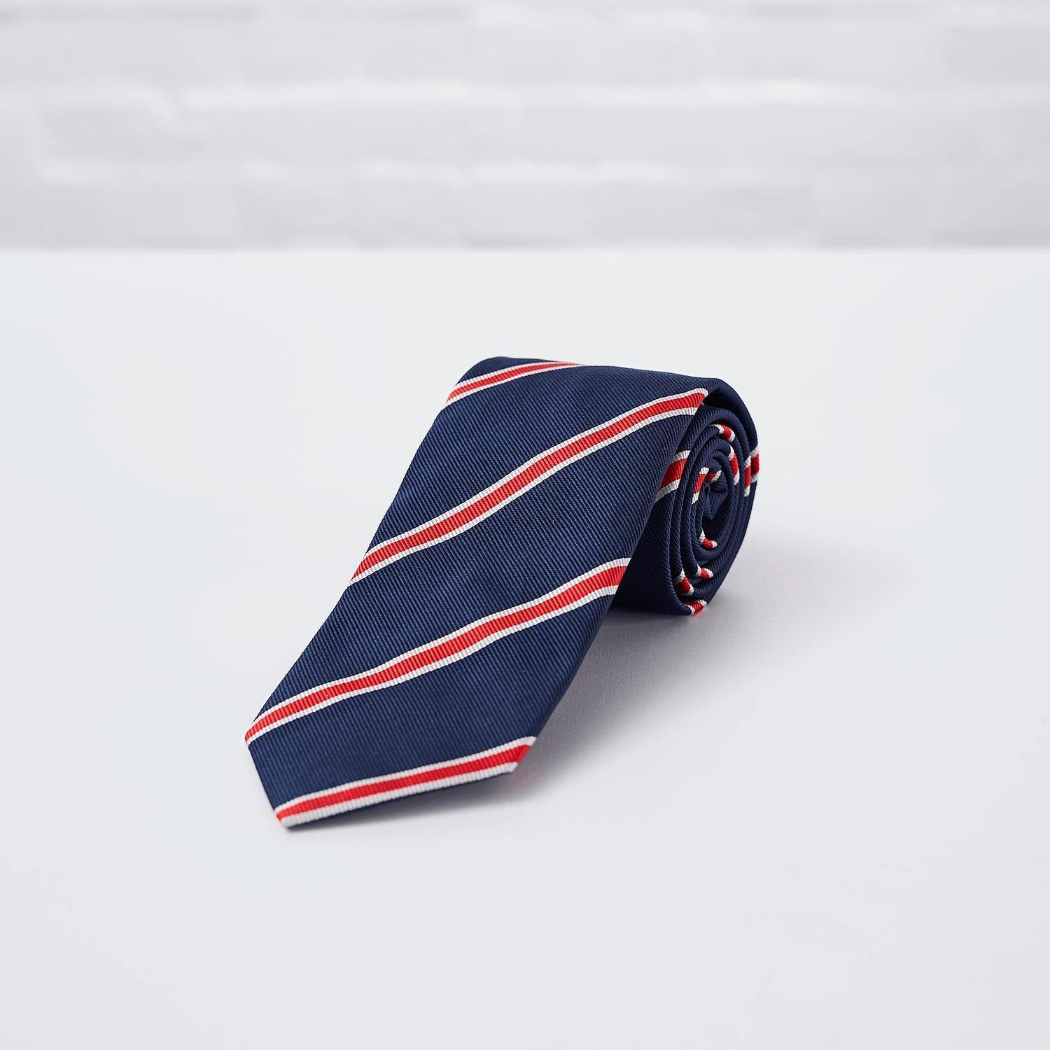 Navy Red Striped Woven Silk Tie Hand Finished - British Made