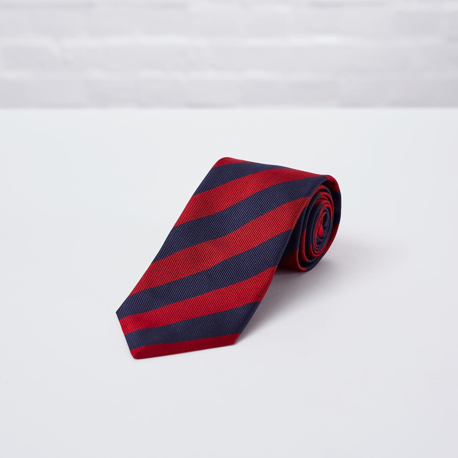 Navy Red Striped Woven Silk Tie - British Made
