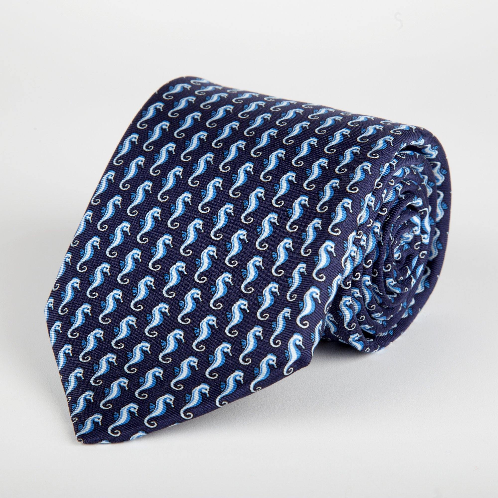 Navy Seahorse Printed Silk Tie Hand Finished - British Made