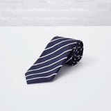 Navy White Striped Woven Silk Tie Hand Finished - British Made