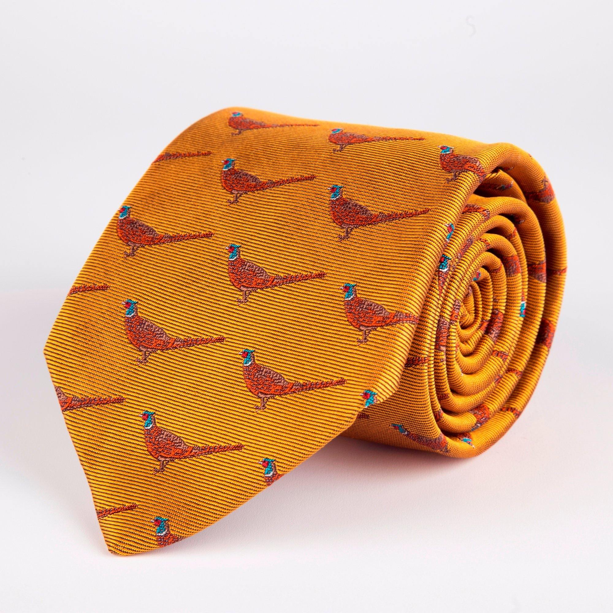 Orange Pheasant Woven Silk Tie Hand Finished - British Made