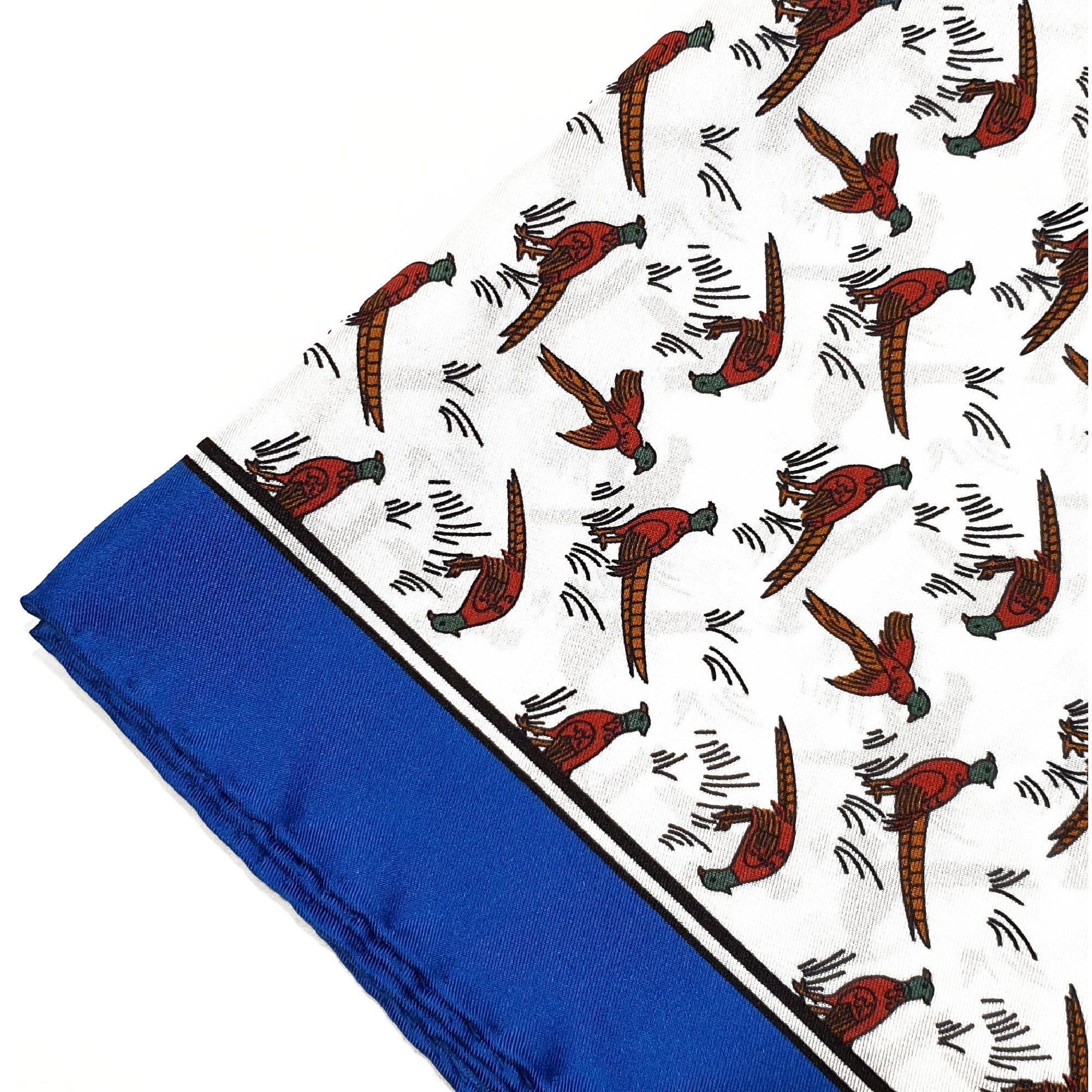 Pheasant Silk Pocket Square Blue Border - British Made