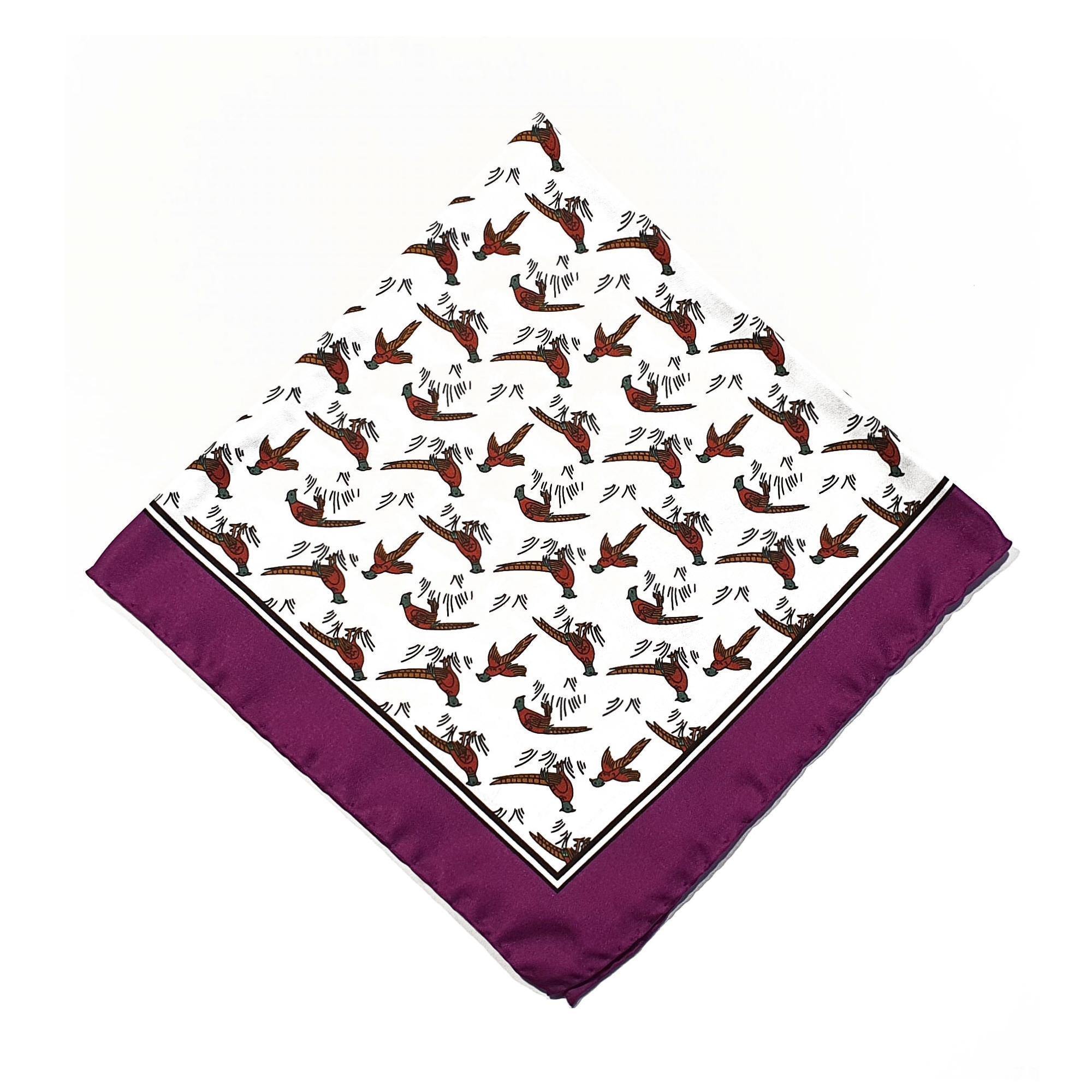 Pheasant Silk Pocket Square Purple Pink Border - British Made