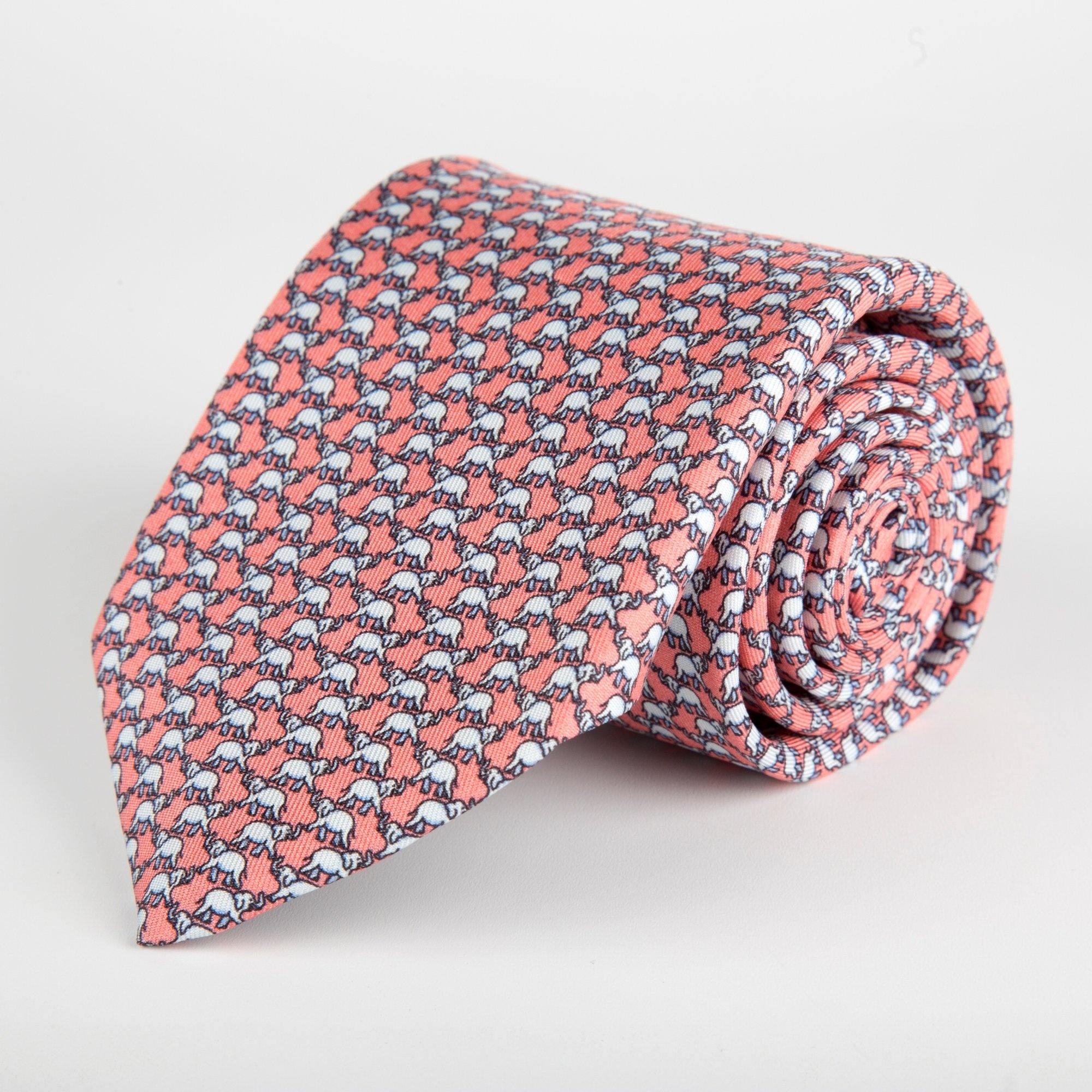 Pink Elephant Printed Silk Tie Hand Finished - British Made