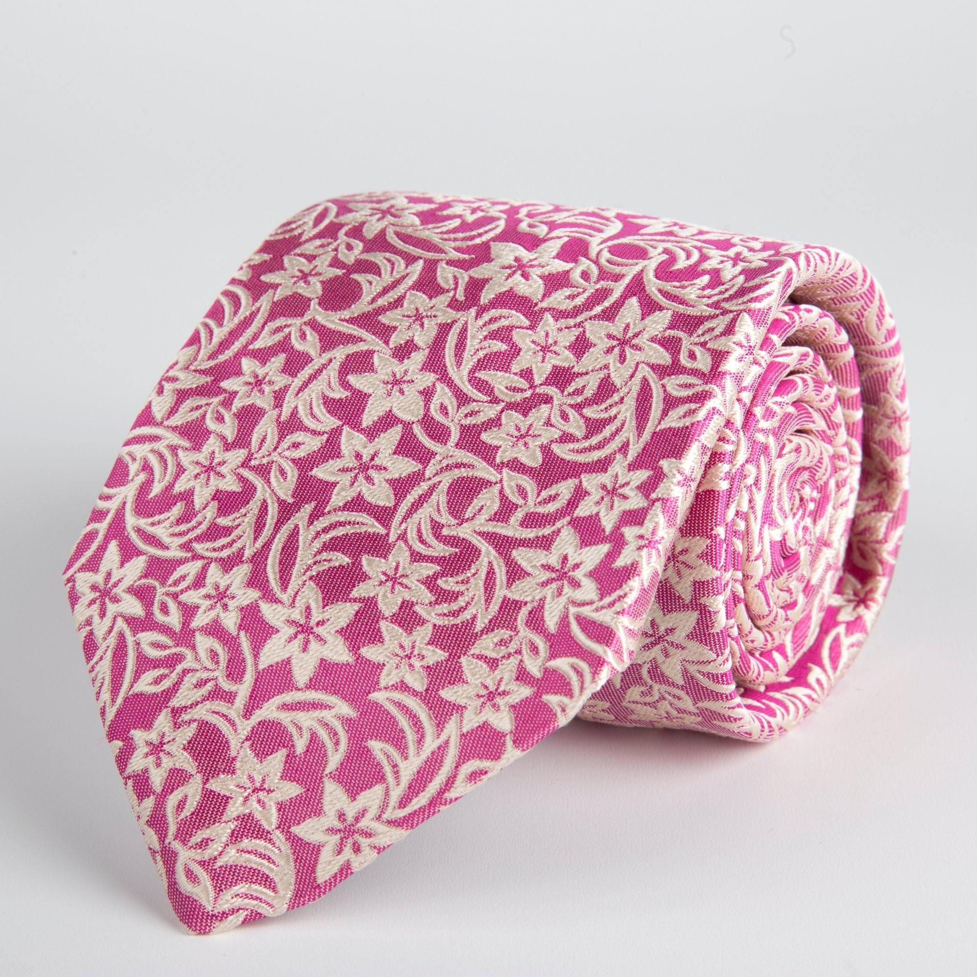 Pink Floral Woven Silk Tie Hand Finished - British Made