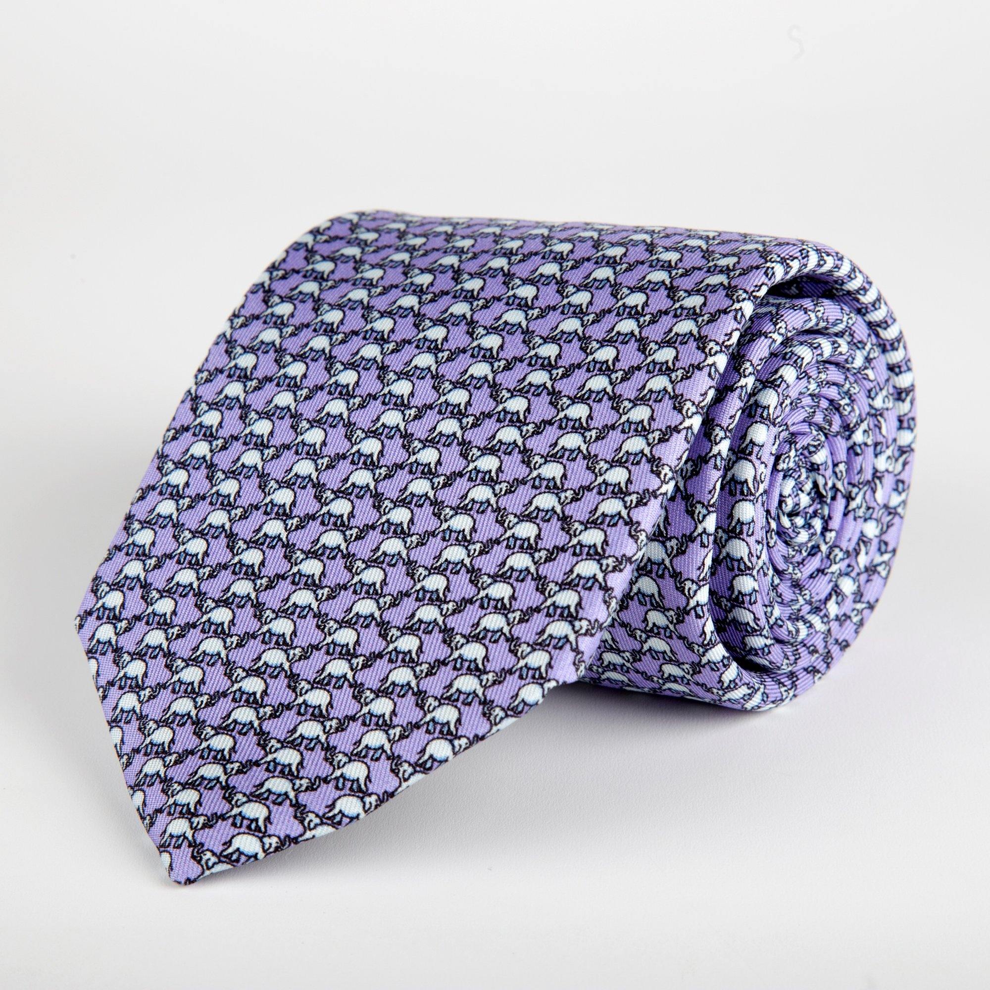Purple Elephant Printed Silk Tie Hand Finished - British Made