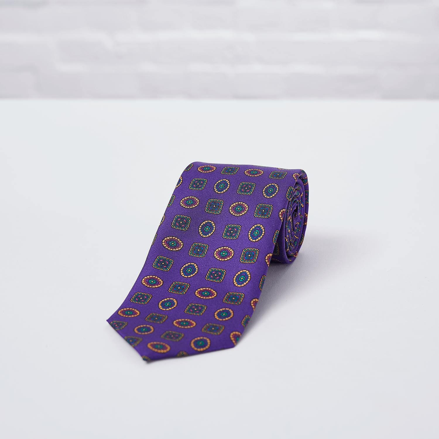Purple Geometric Printed Silk Tie Hand Finished - British Made
