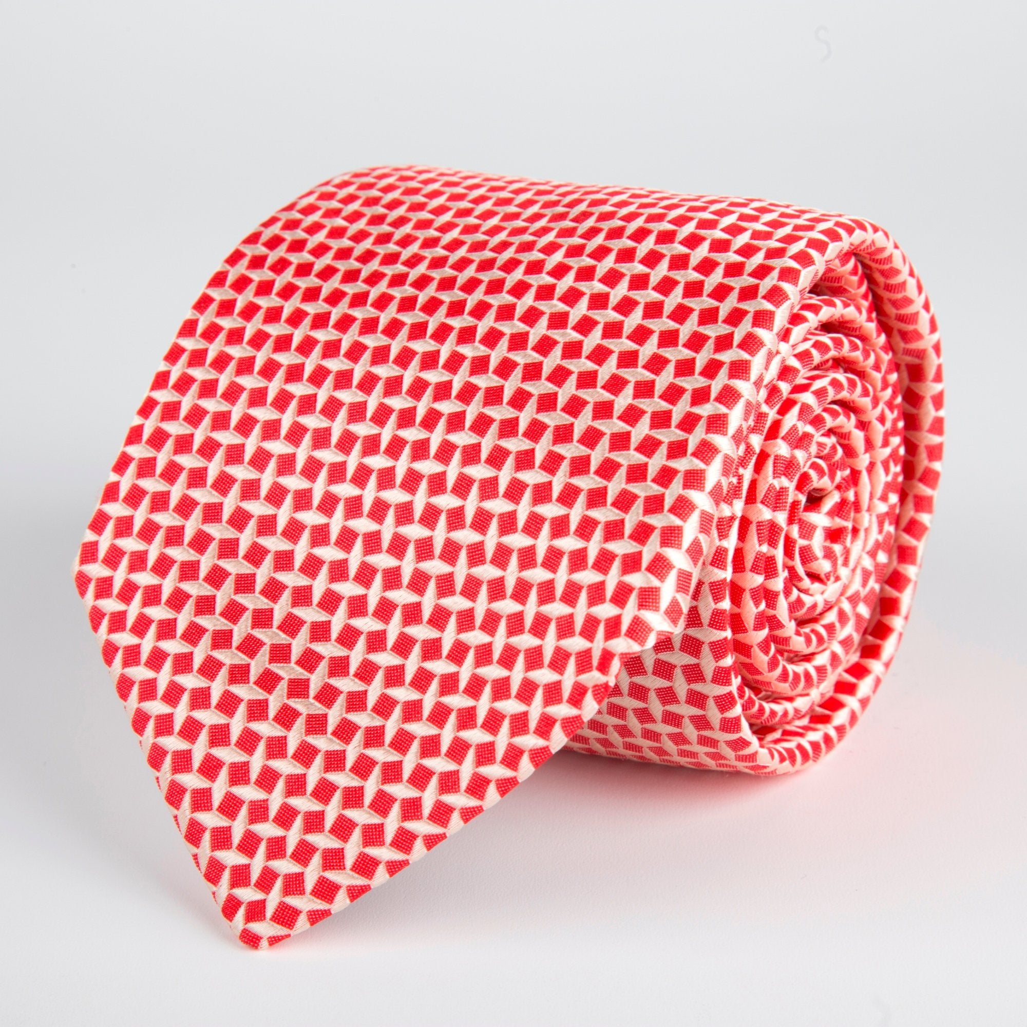 Red Geometric Diamond Woven Silk Tie - British Made