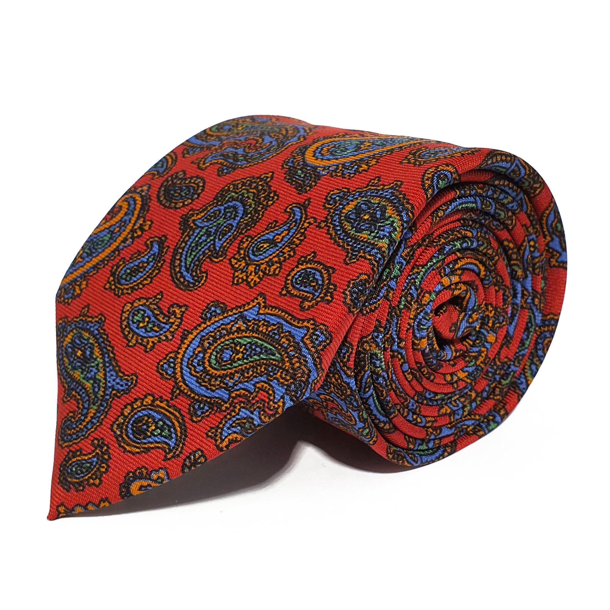 Red Paisley Printed Silk Tie Hand Finished - British Made