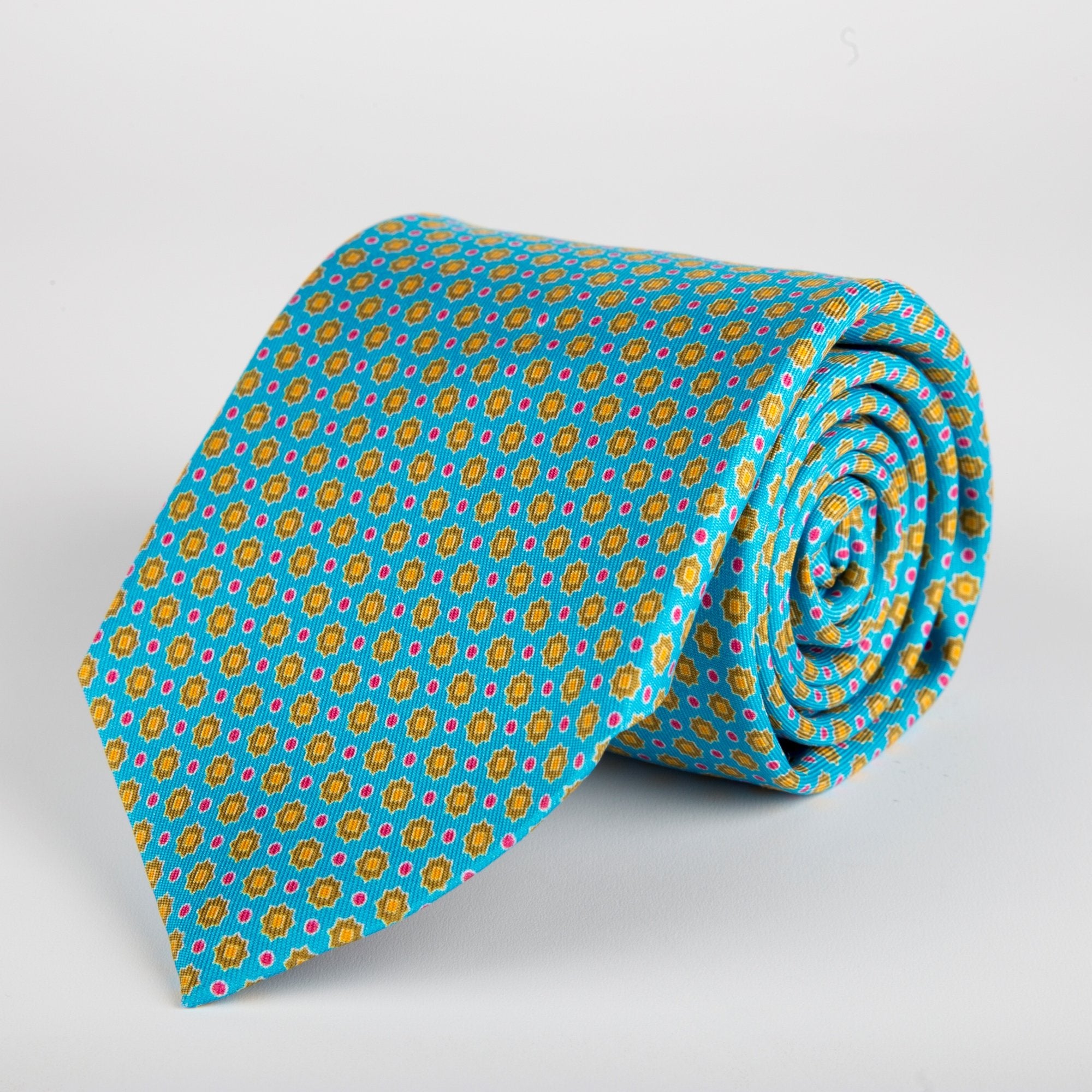 Teal Geometric Starflower Printed Silk Tie - British Made