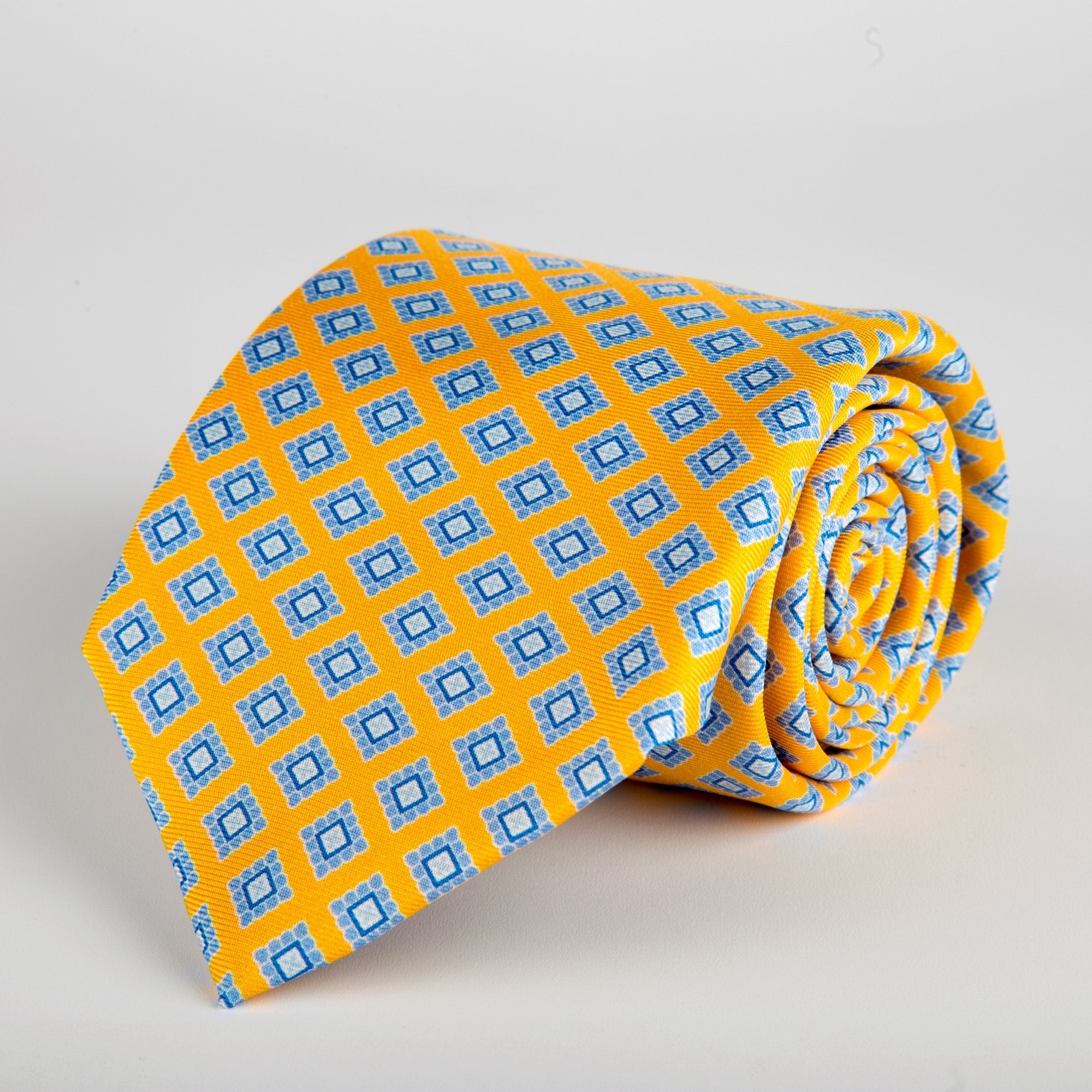 Yellow Geometric Flower Block Printed Silk Tie - British Made